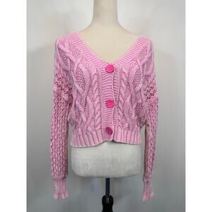 Pilcro Anthropologie NWT Pink Cable Knit Cropped V Neck Oversized Cardigan XS